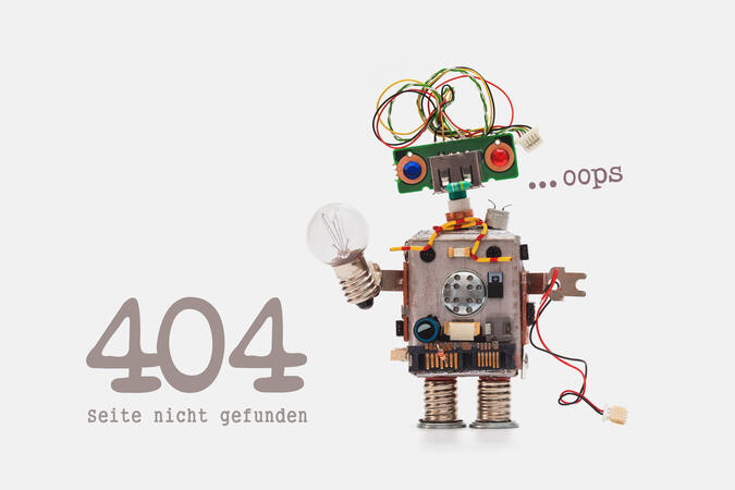 Oops - 404 Seite nicht gefunden. Lustiger Roboter mit Drahtfrisur und Glühbirne in der Hand
