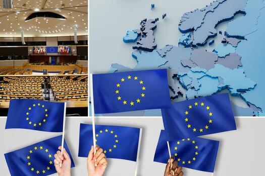Collage mit EU Flaggen, EU Karte und dem inneren im EU Parlament. 