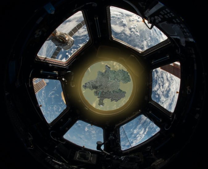 Blick auf ein Satellitenbild von OÖ durch eine Raumkapsel; Fotomontage