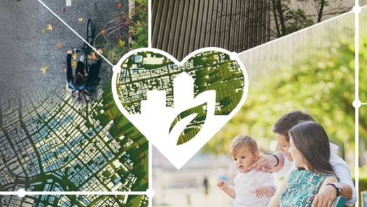 Collage aus Fahrradfahrer, Gebäudefassade mit Pflanzen, Familie im Park und Herz mit Stadtkarte.