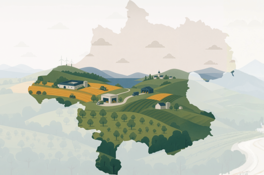 Illustration einer Landschaft mit Feldern, Windrädern, Gebäuden und Bäumen in der Form einer Landkarte