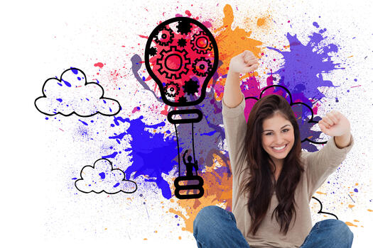 Eine junge Frau freut sich, im Hintergrund eine Grafik mit bunten Farbspritzern und Zahnräder