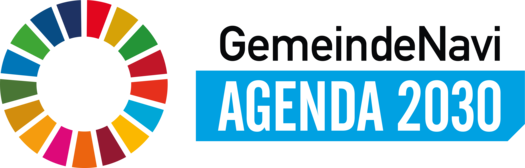Logo GemeindeNavi Agenda 2030 - 17 Farben im Kreis angeordnet und nebenbei Schriftzug GemeindeNavi sowie darunter Schriftzug Agenda 2030